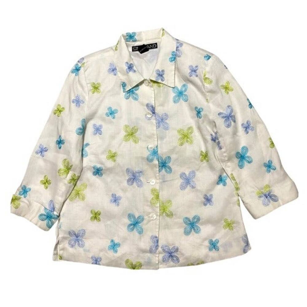 Silkland Embordered Green/Blue Linen White Button-Down Jacket Size 14